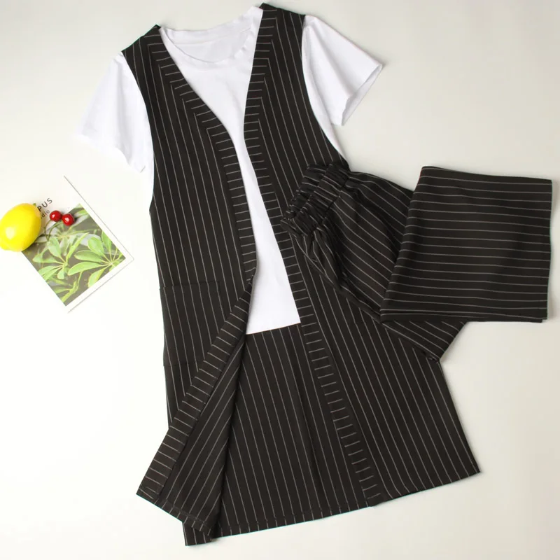 Женский шифоновый костюм тройка повседневный топ + штаны в полоску офисный