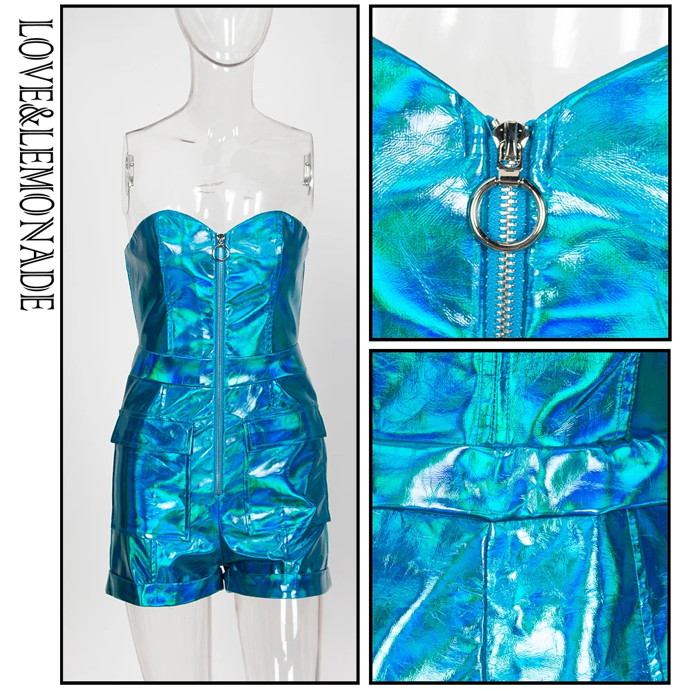 

LOVE&LEMONADE Strapless Zip Pocket Decoration Blue Faux Leather Bodycon Playsuit LM81466-1