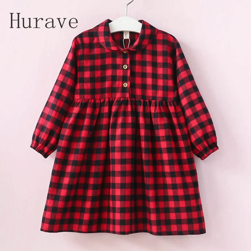 Hurave new design girl dress children peter pan collar plaid clothing kids dresses for toddler infant autumn | Детская одежда и
