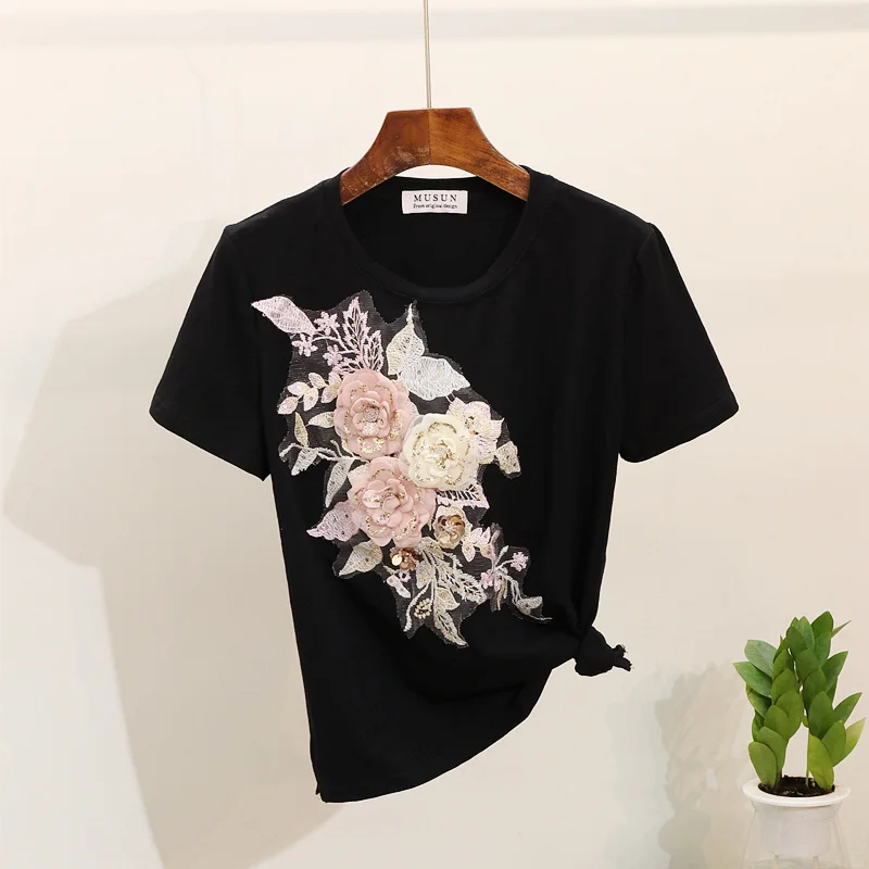 ALPHALMODA Европейская станция вышивка 3D цветы футболка с пайетками рваные джинсы женская летняя модная одежда отдельно - Цвет: black tshirt