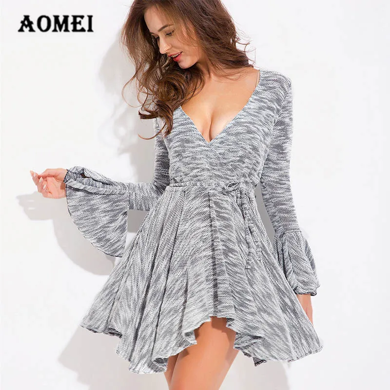 Сексуальный глубокий v образный вырез мини платье с неровным низом длинный рукав