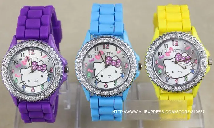 10pcs/lot Free ship by HK post Diamond crystal Hello kitty Silicone Band Quartz Wrist Watch For Unisex Gift 7 Color Available |