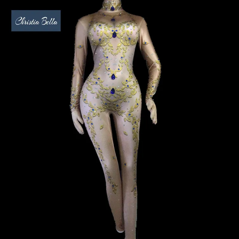 

Christia Bella Sexy Rhinestone Nude Skin Women Bodysuits Stretch Jumpsuits Leotard Nightclub Stage Costumes Pole Dance Wear