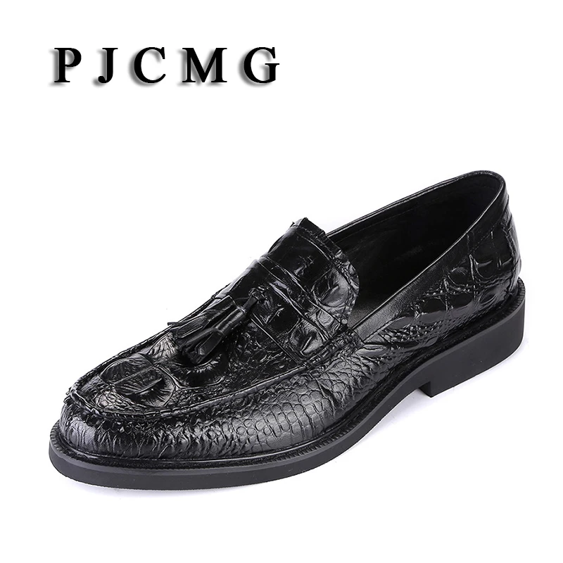 

PJCMG/модные весенне-осенние Мужские модельные туфли из натуральной кожи на плоской подошве с острым носком без застежки с бахромой