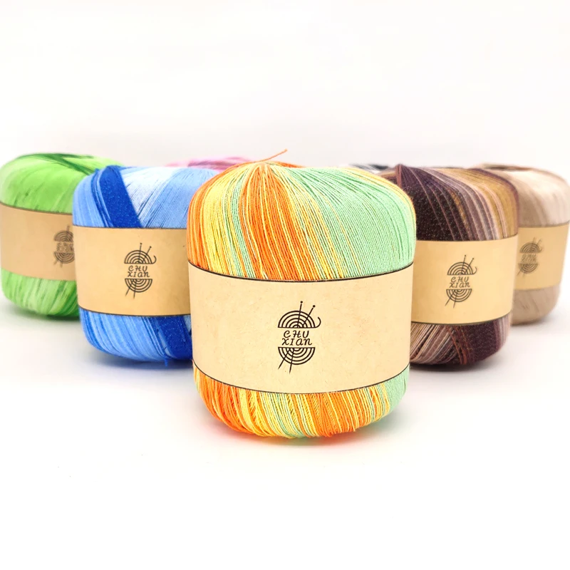 Free Shipping Cotton Metallic Lace Rainbow Yarn Colorful Thin Thread For Crocheting Knitting By 1.55mm Crochet Hooks