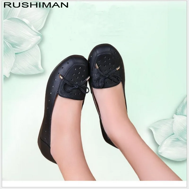

Large size 35-43 Fashion soft women flat shoes ,Round Toe Cut-Outs Slip-On Genuine Leather bow Loafers comfort driving shoes