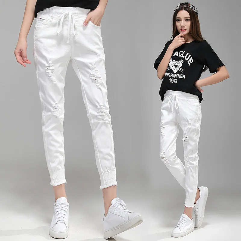 Джинсы женские рваные с дырками брюки султанки из денима эластичным поясом