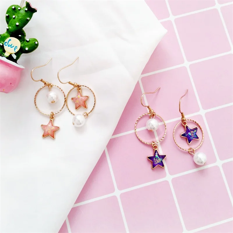 3* Japan and South Korea simple geometric metal ring simulation pearl pendant earrings star asymmetric ladies ear clip | Украшения и