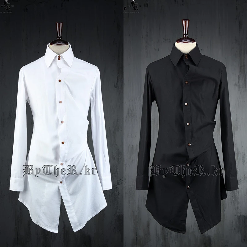 S-6XL 2022 Spring Men's Fashion White Shirt Medium-long Cotton Long-sleeve Shirt Stage Singer Costumes Clothing Dress