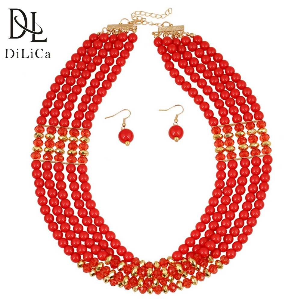 DiLiCa Модные женские ювелирные наборы слоистые бусины Массивное колье ожерелье