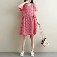 korean style cotton mid dress women summer 2019 elastic high waist sweet print loose casual pink dresses female