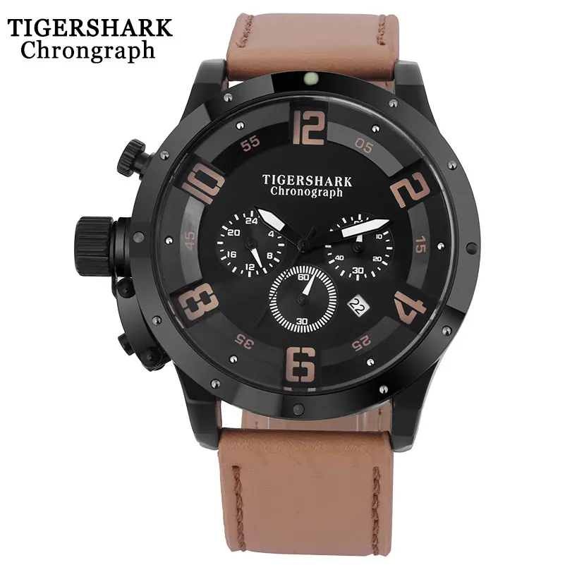 Часы TIGERSHARK мужские спортивные кварцевые водонепроницаемые с кожаным