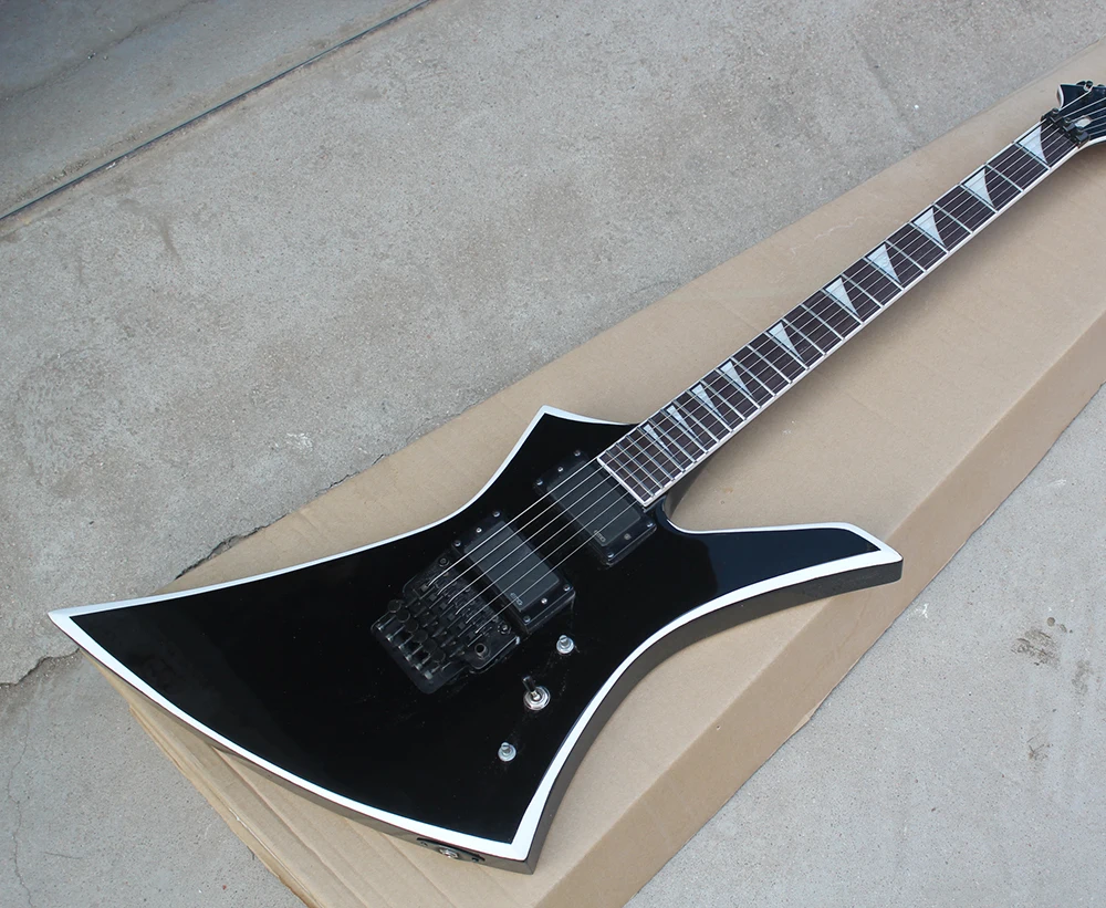 Фабрика на заказ черный корпус электрогитара whit Floyd Rose, белая связывающая шея, черная фурнитура, розовое дерево гриф, предложение по индивидуальному заказу