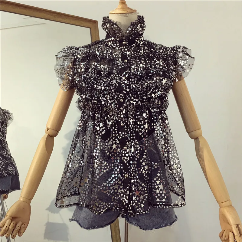 WHITNEY WANG 2018 Summer Fashion Streetwear Stars Sequins Mesh Blouse Women blusas Shirt Tops |