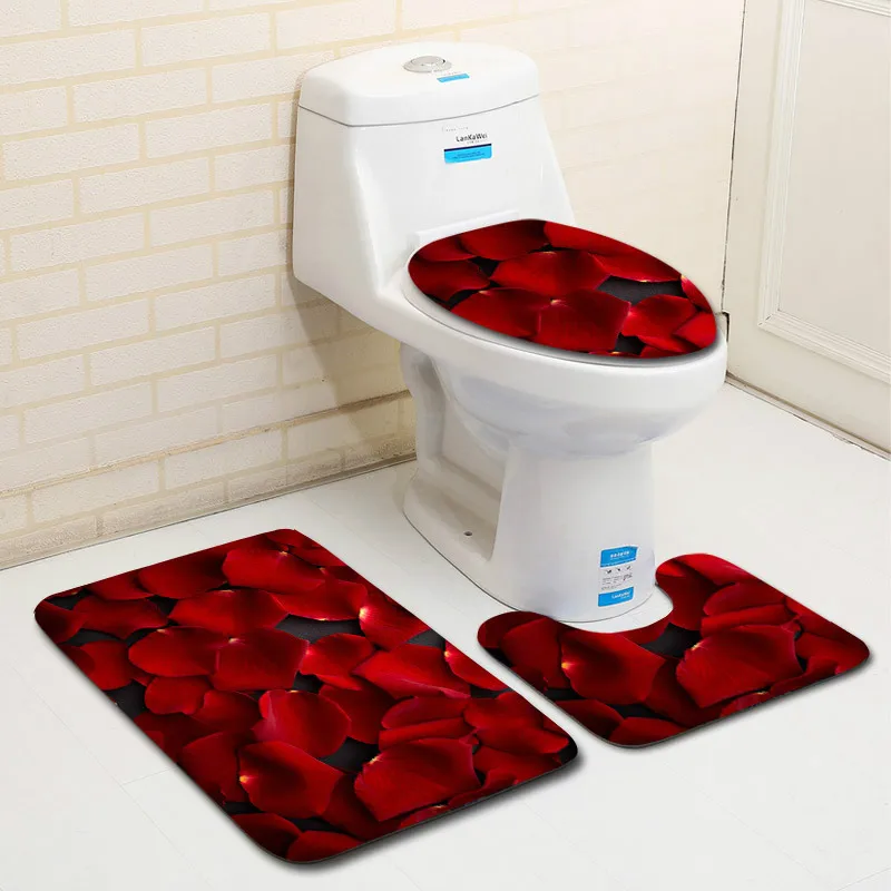 

Zeegle 3pcs Romantic Valentine Home Bathroom Carpets Set Soft Microfiber Bath Mats Non-slip Toilet Rugs Lid Cover Shower Mats