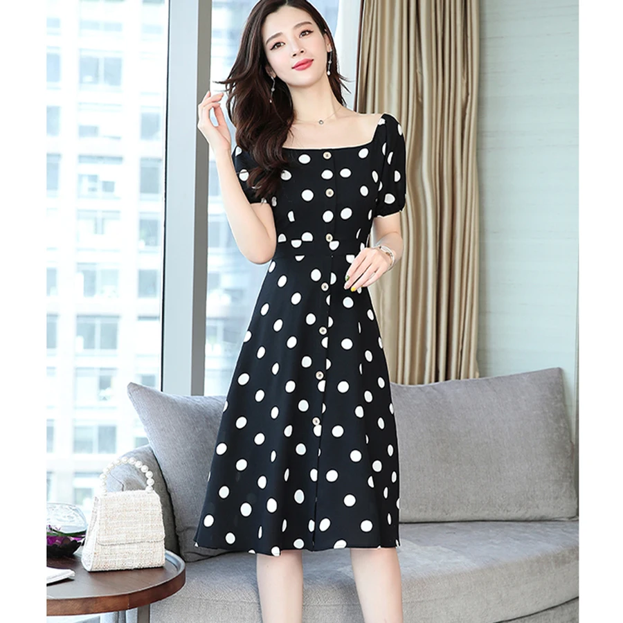 Винтажные элегантные черные шифоновые платья в горошек Boho Midi летние 3XL Большие размеры однотонные пляжные сарафаны женские облегающие вечерние платья