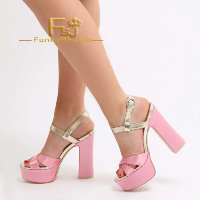

Pink Gold Platform Sandals Open Toe High Chunky Heels Large Size 13 15 Ladies Summer Fashion Generous Noble Elegant Sexy FSJ