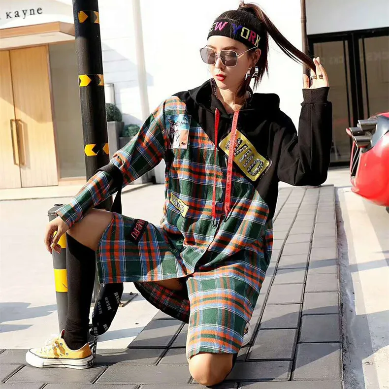Для женщин Street Wear плед сращены длинные пуловеры плюс Размеры Повседневное
