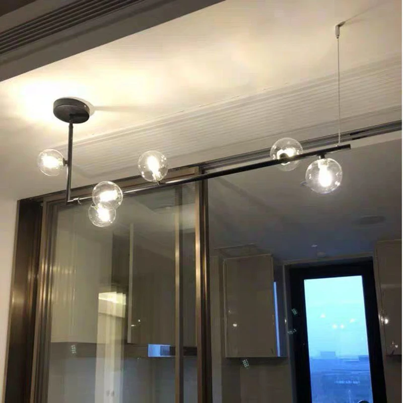 Kopen Moderne Minimalistische Kroonluchter Verlichting Voor Keuken Bar Tafel Lange Kroonluchter Led Ontwerp Zwart Loft Glazen Bal Opknoping Lichtpunt