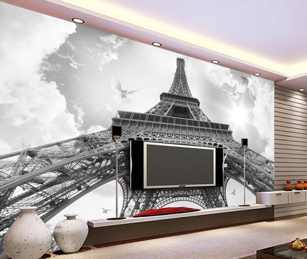 

Custom photo wallpaper, the black and white Eiffel Tower murals for the sitting room living room TV wall interior wallpaper