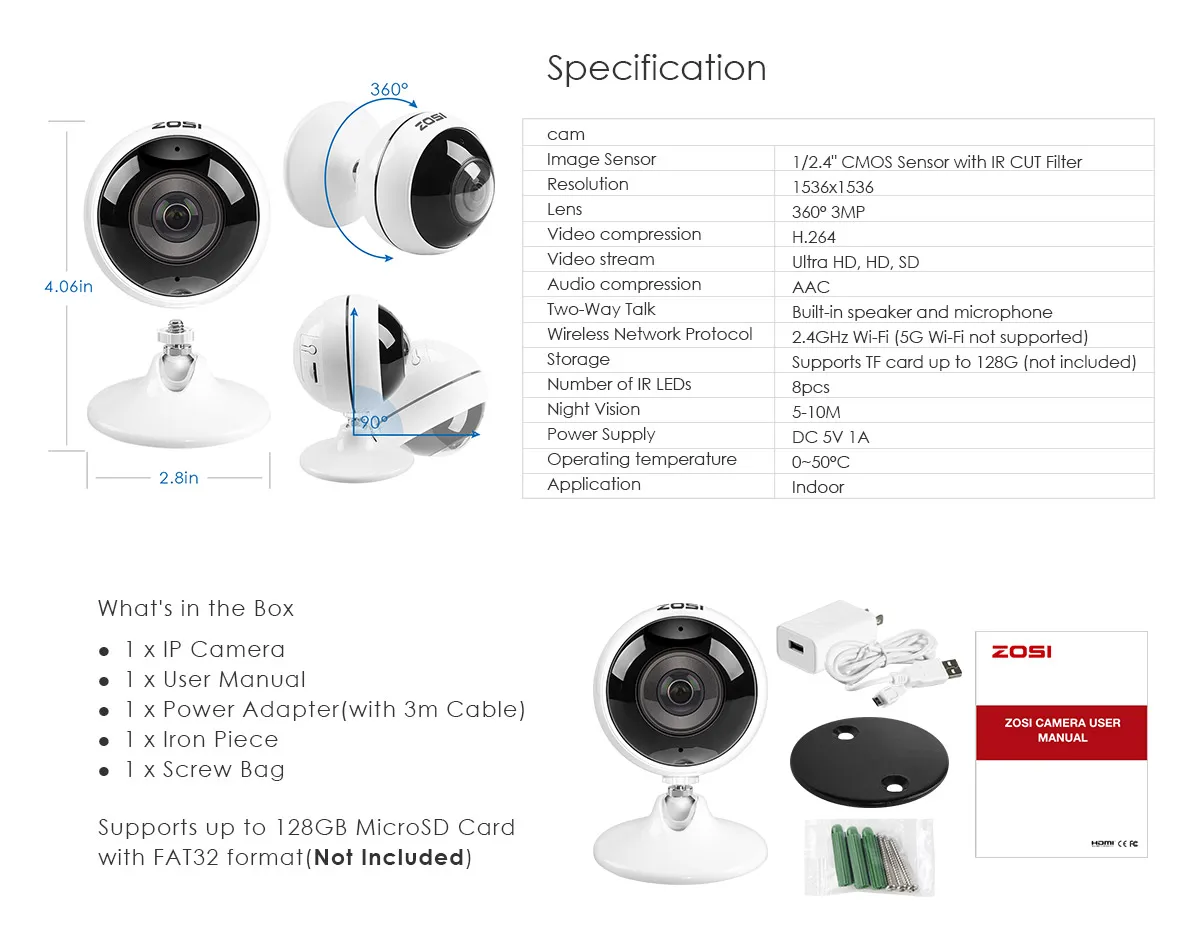 ZOSI 3MP Крытая Беспроводная панорамная ip-камера 360 градусов WiFi камера, сигнализация движения, двухстороннее аудио, ИК ночное видение, TF слот
