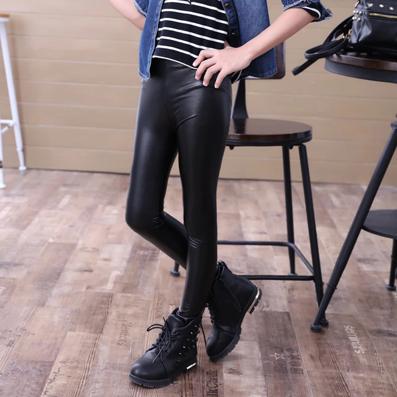 Черные Детские Леггинсы для девочек из искусственной кожи PU эластичный тонкий