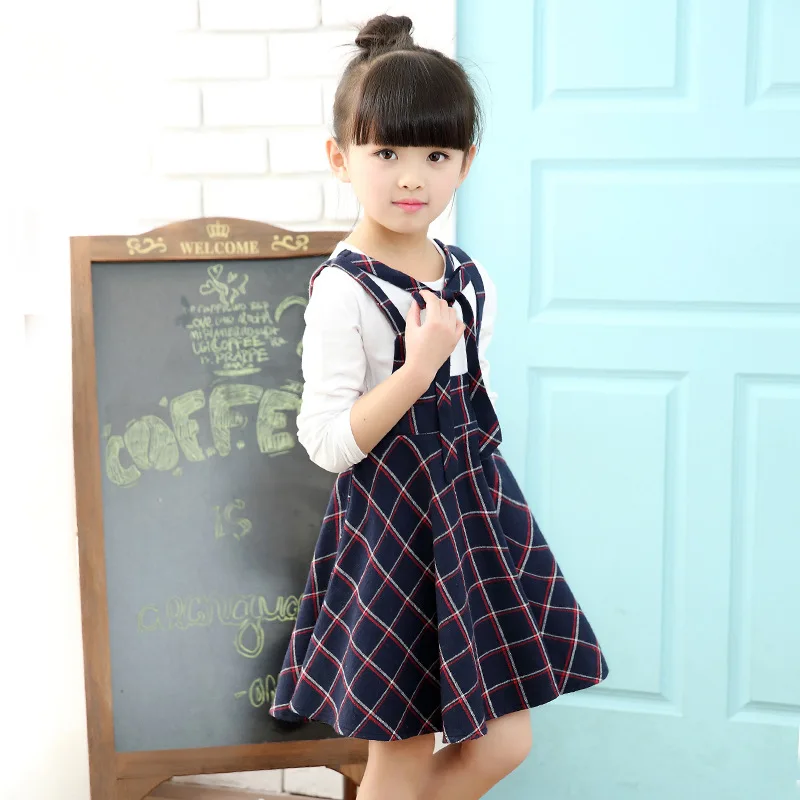 2017 Autumn Girls Dress With Long Sleeves Blue Red Plaid Kids School Uniform Clothes For Teenager 5 6 7 8 9 10 11 12 Years | Детская