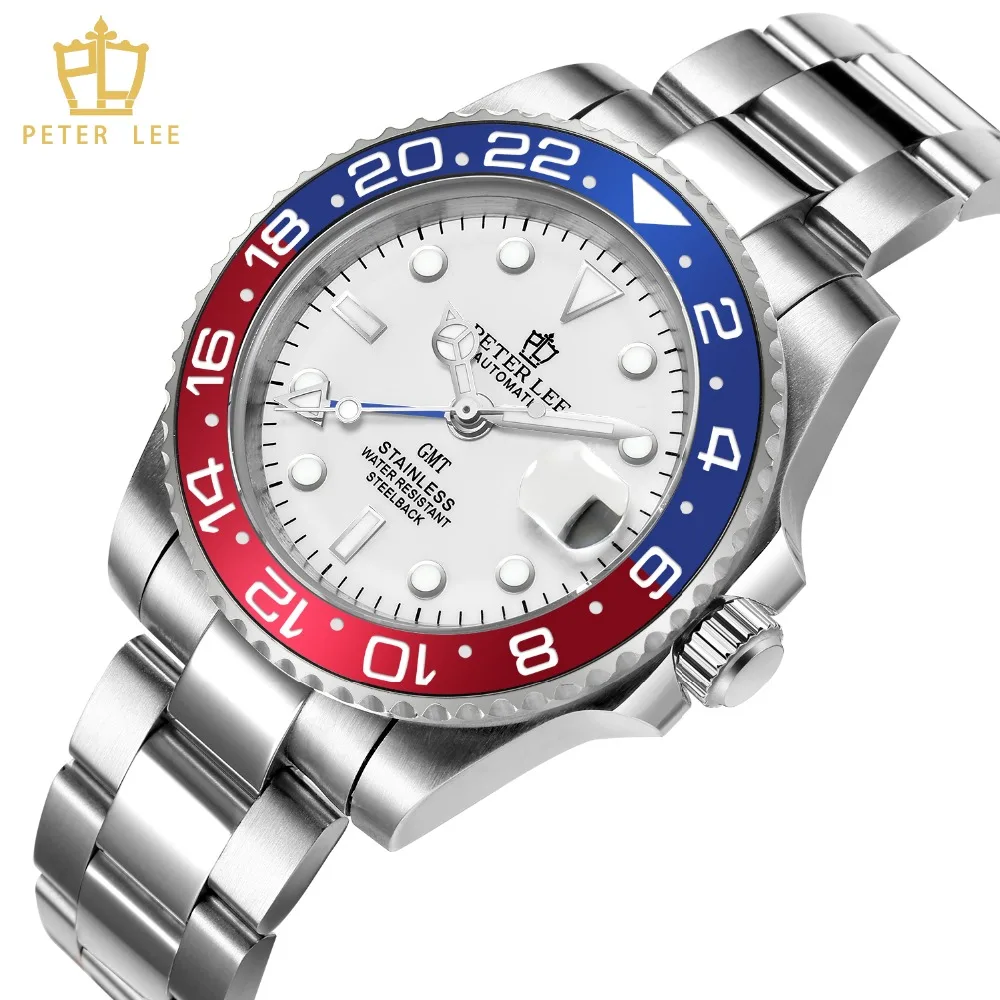 Часы PETER LEE классические мужские часы Rotatig с ободком GMT водонепроницаемые полностью стальные автоматические механические мужские часы лучший бренд класса люкс reloj