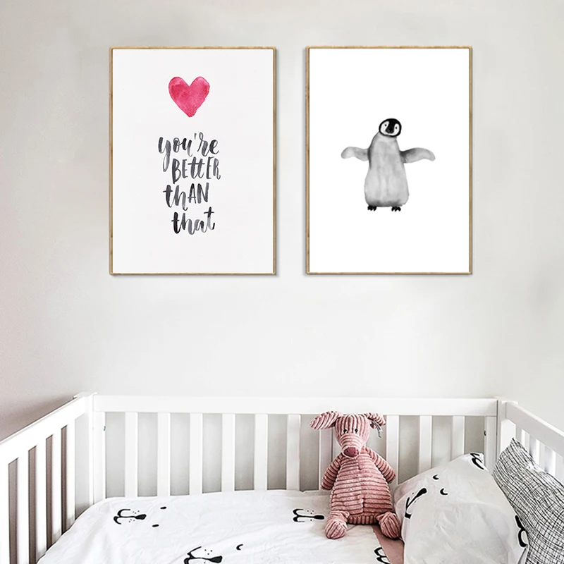 

Penguin Poster Animals WallArt Kids Posters And Prints Canvas Painting Nordic Black And White Cartoon Quotes Decoration Unframed