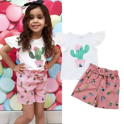 New Summer Toddler Baby Girl Clothes Lace Cactus Tops Stripe Shorts Outfits | Мать и ребенок