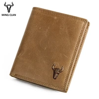 mingclan wallet men 100 genuine leather short wallet vintage cow leather casual male wallet purse standard crad holders wallets
