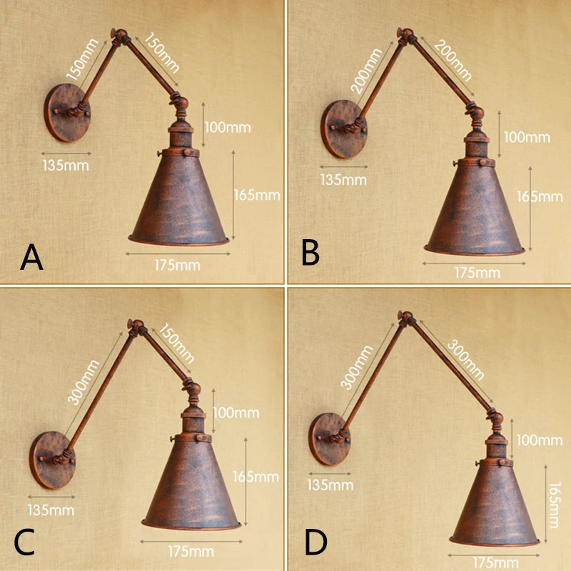 Винтажная металлическая настенная лампа E27 в стиле лофт регулируемая