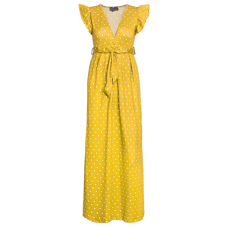 Женское платье с поясом boho длинное Повседневное в горошек рукавом воланом и