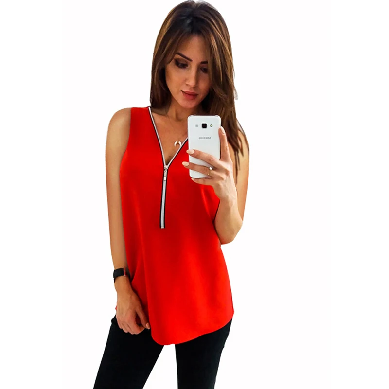 Женская футболка без рукавов Повседневная однотонная свободная на молнии с v