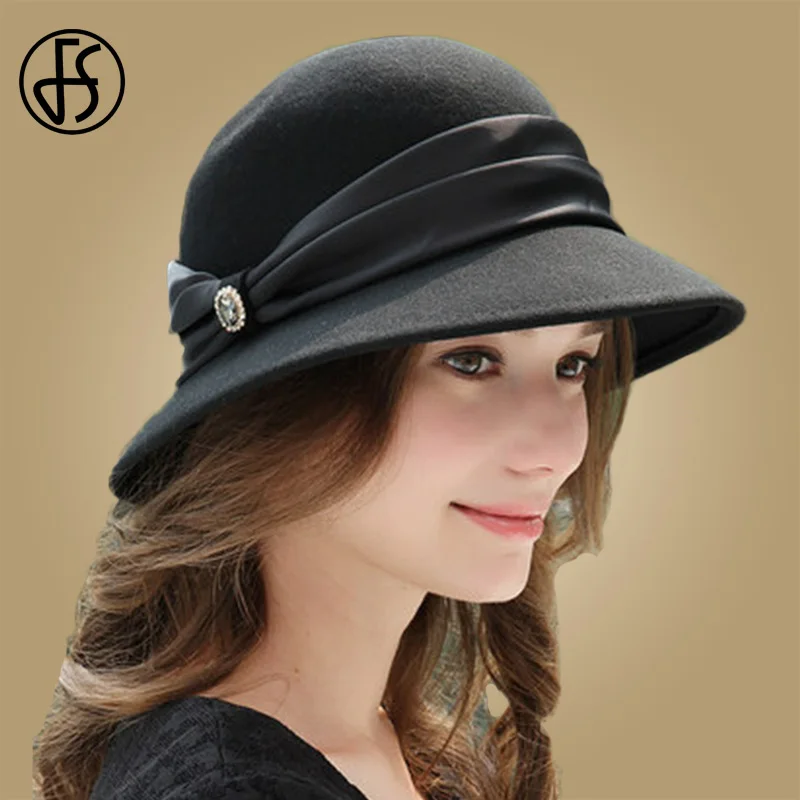 

FS Elegant Wool Felt Fedora Women Wide Brim Bowler Cloche Hat Black Winter Lady Church Hats Chapeau Femme Caps Wine Red