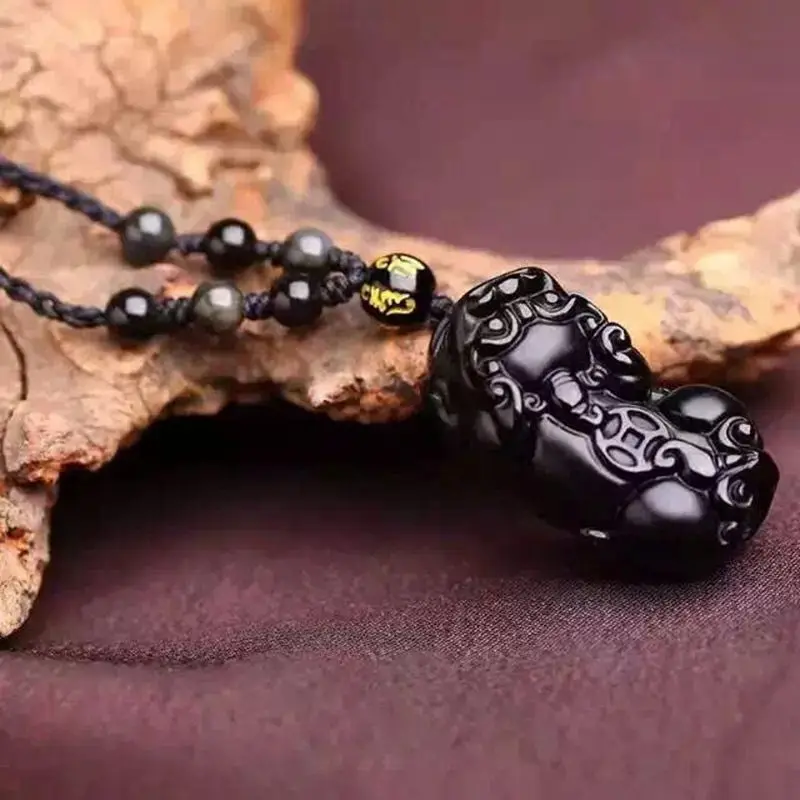 Оптовая продажа натуральный черный обсидиан резная подвеска Pixiu Lucky Amulet ожерелье