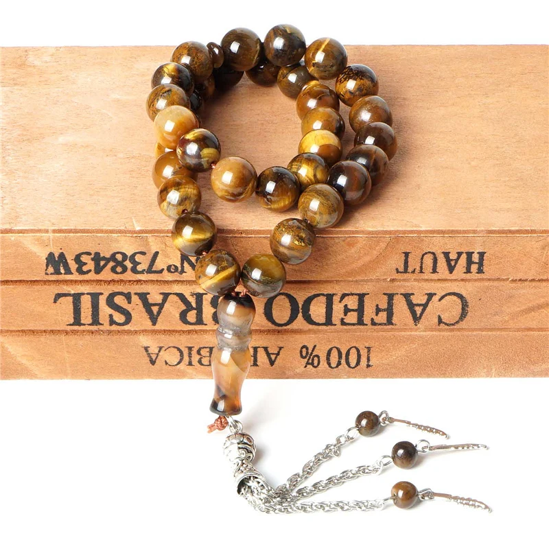 

Wholesale Islamic Muslim Prayer Tiger Eye Rosarys Agate Rosary 33pcs Tesbih 10mm Beads Silver Tassel Charms Bracelet Party Gifts