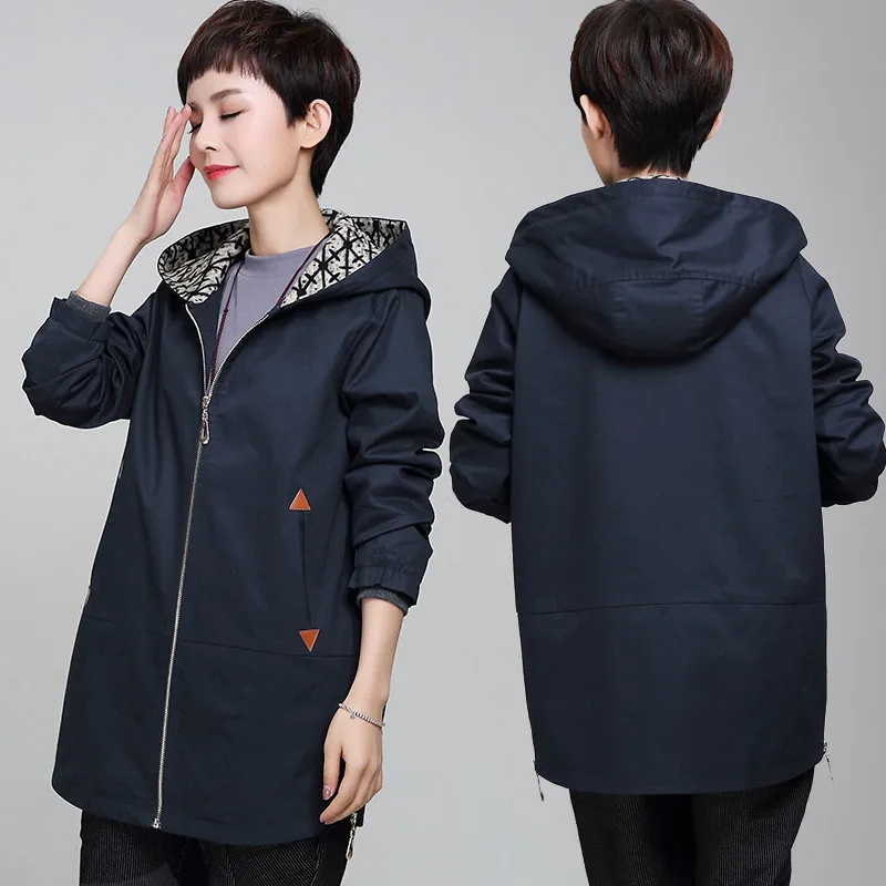 

Middle-aged Ladies Hooded Windbreaker Coat Autumn Winter New Loose Casual Long Overcoat Large size 5XL Female Cotton Trench Coat