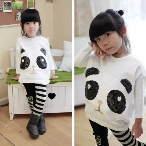 Lovely baby Girls Kids clothes set 2Pcs suit Panda T-shirt+Striped Leggings children's Clothing sets | Детская одежда и обувь