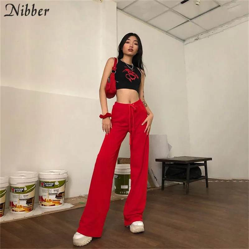 Nibber, высокая уличная мода, повседневные, одноцветные, широкие, брюки, для женщин,, Осенние, модные, для офиса, для девушек, свободный низ, тонкие, мягкие, брюки, femme mujer - Цвет: Красный
