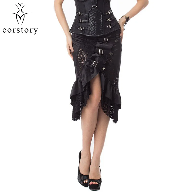 Черные длинные классическая юбка из сатина и кружевное платье с широкими