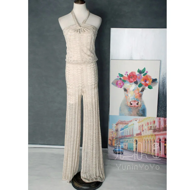 

YUNINYOYO High-grade glittering golden metal wire Perspective neck-tied corrugated knitted women long pants with lining summer