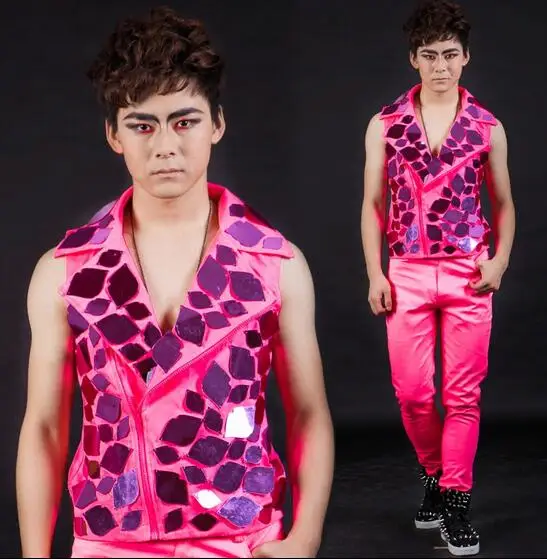 S-5XL! Новый мужской ковбойский костюм-жилет с зеркальным флуоресцентным розовым