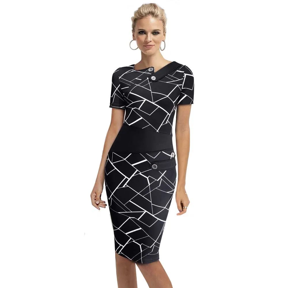 Summer Tunic Women Formal Work Office Sheath Patchwork Line Asymmetrical Neck Knee Length Pencil Dress EB527 - Цвет: Stripe
