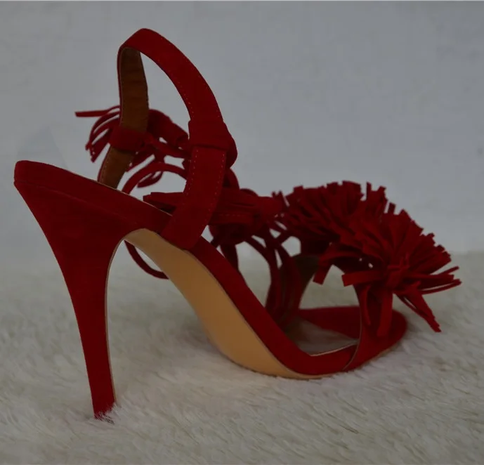 Murah PomPom Hal Liar Wlegance Fringe Suede Sandal Wanita Musim Panas Baru & Mode Non-Kulit Ankle Lace-Up Tinggi Heels Sepatu Nancyjayjii