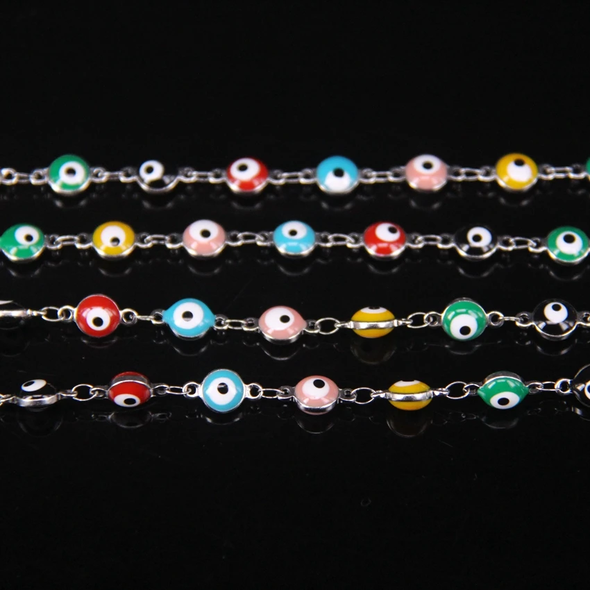 

5Meter/Lot Colourful Enamel Rosary Chain 6mm Evil Eye Bead,Lampwork Glass Coin Copper Plated Silver Chain,DIY Bracelet Findings