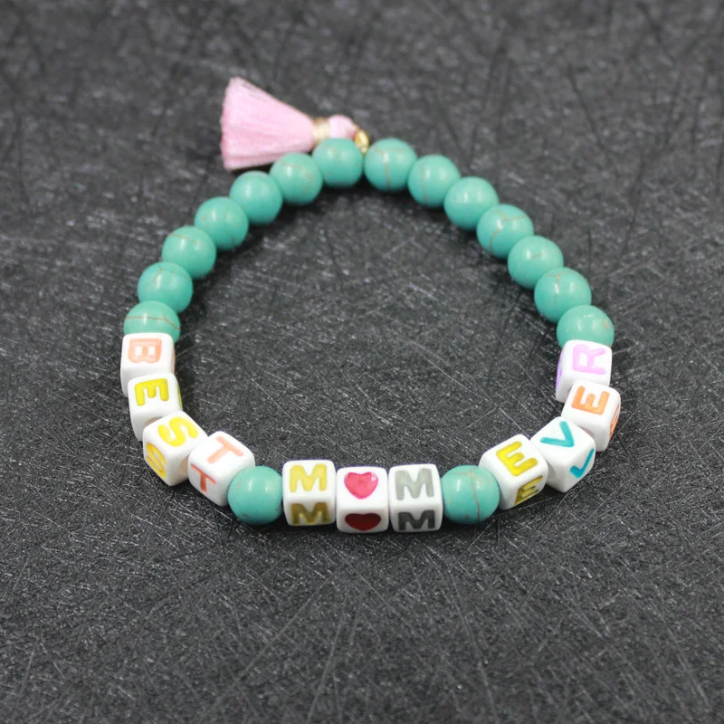 

8mm blue Natual Stone Snaps elastic Beads Bracelet for Women "BEST MOM EVER "Bangles Jewelry NSB1008