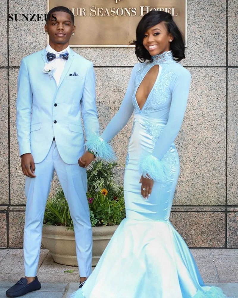 Lace High Neck Long Sleeves Prom Dress With Feathers Mermaid Floor Length Blue Party Gowns For Women Sexy Keyhole Front Robe