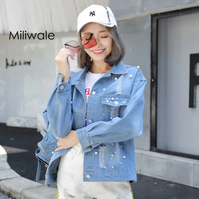 

Новая мода осень зима peal квадратный воротник с длинным рукавом Джинсовое пальто с дырками потертый карман джинсовая женская куртка