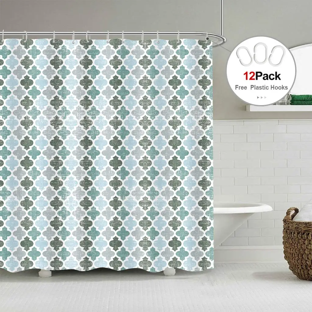 Riyidecor Геометрическая штора Quatrefoil для душа серая марокканская бирюзовая